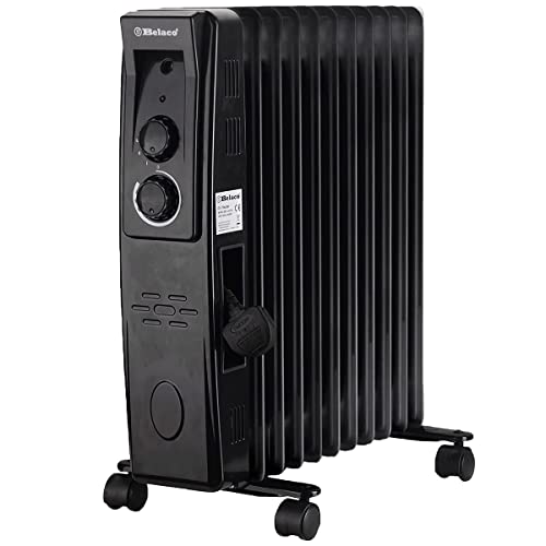 Belaco Oil Filled Radiators 11 Fins Portable Electric Heater Adjustable Thermostat Control 3 Heat Settings Portable Heater Overheat Protection 2000W Energy Efficient Heavy-Duty Castor