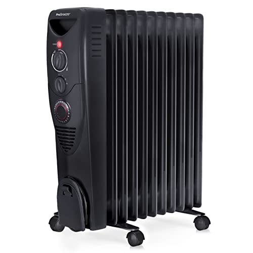 Pro Breeze® 2500W Oil Filled Radiator, 11 Fin - Portable Electric Heater - Built-in Timer, 3 Heat Settings, Adjustable Thermostat, Safety Cut-Off & 24 Hour Timer - Black